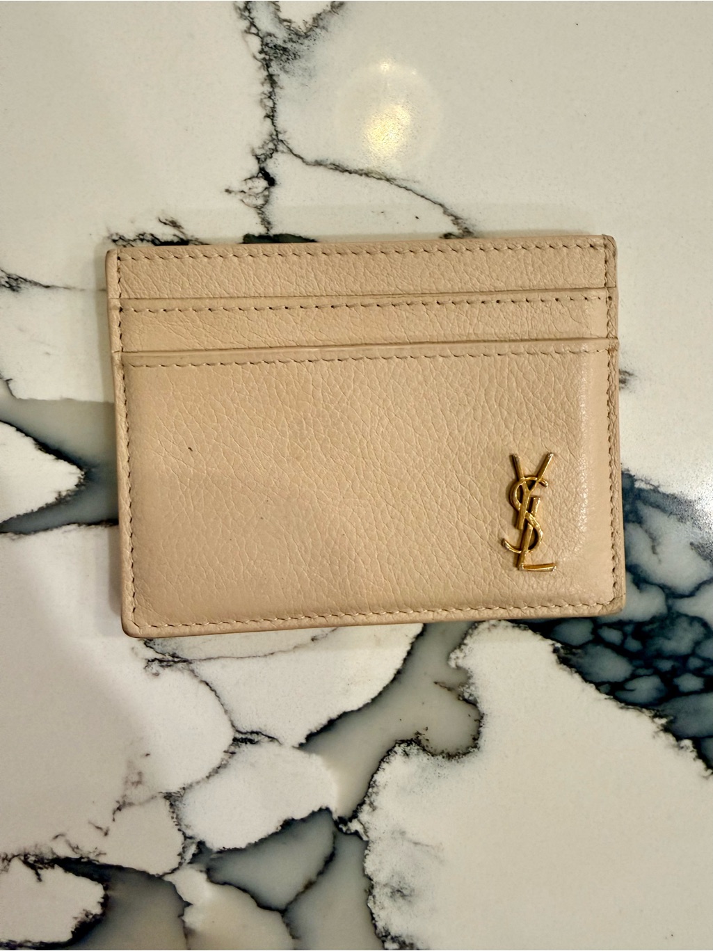 Saint Laurent Beige Card Holder With Gold Ysl Logo